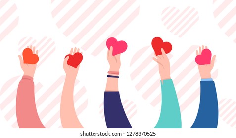 Hands with hearts. Charity and donation concept. Sharing love. Valentine's day. Cute simple design. Beautiful background, greeting card. Hand holding heart symbol. Flat style vector illustration.