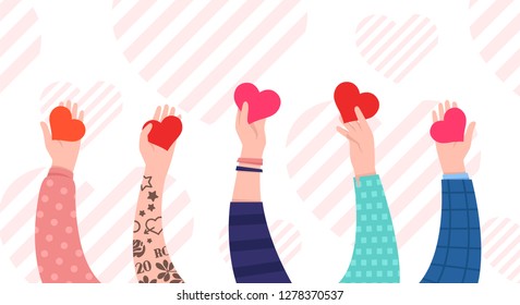 Hands with hearts. Charity and donation concept. Sharing love. Valentine's day. Cute simple design. Beautiful background, greeting card. Hand holding heart symbol. Flat style vector illustration.