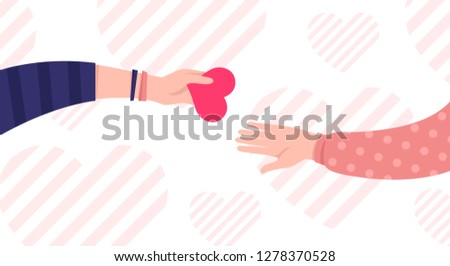 Hands with hearts. Charity and donation concept. Sharing love. Valentine's day. Cute simple design. Beautiful background, greeting card. Hand holding heart symbol. Flat style vector illustration.