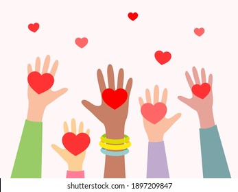 Hands with hearts. Concept of volunteering, charity and donation. Give and share your love