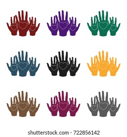 Hands up with hearts icon in black style isolated on white background. Charity and donation symbol stock vector illustration.