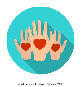 Hands up with hearts icon in flat style isolated on white background. Charity and donation symbol stock vector illustration.