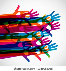 Manos con corazones en un fondo claro. Silhouettes coloridas brazos. Equipo vector, ayuda, ilustración de símbolo de amistad.