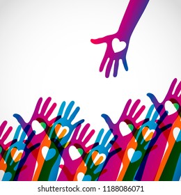 Hands with hearts on a light background. Colorful silhouettes arms. Vector team, help, friendship symbol illustration.