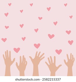Hands and hearts on pink background vector illustration