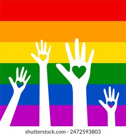 Manos arriba con corazones en el fondo de la bandera del arco iris. Ilustración de la bandera del orgullo. Símbolo de la comunidad lgbt en colores arcoíris. Vector de fondo para su diseño. Silueta de caridad.