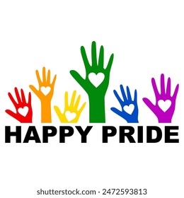 Hands up with hearts on Rainbow flag background. Pride flag illustration. Lgbt community symbol in rainbow colors. Vector backdrop for your design. Charity Silhouette.