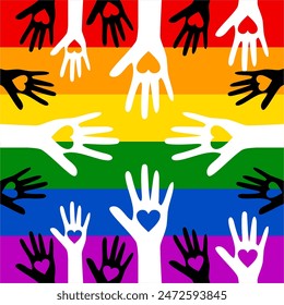 Hands up with hearts on Rainbow flag background. Pride flag illustration. Lgbt community symbol in rainbow colors. Vector backdrop for your design. Charity Silhouette.