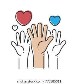 Hands with hearts on a white background. Vector illustration.