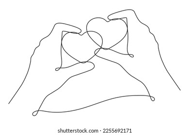 Hands with hearts one line art,love concept continuous contour drawing,hand-drawn Valentine's day decoration.Romance, engagement and marriage symbol. Editable stroke.Isolated.Vector illustration