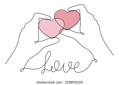 Hands with hearts one line art,love concept continuous contour drawing,hand-drawn Valentine's day decoration.Romance, engagement and marriage symbol. Editable stroke.Isolated.Vector illustration