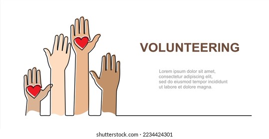 Hands and hearts. Raised hands volunteering concept continuous one line drawing minimalism design isolated on white background.