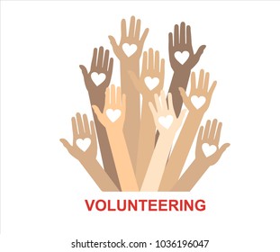 Hands with hearts. Raised hands volunteering vector concept