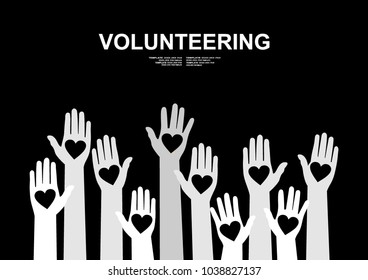 Hands with hearts. Raised hands volunteering vector concept. 