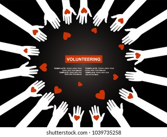 Hands with hearts. Raised hands volunteering vector concept