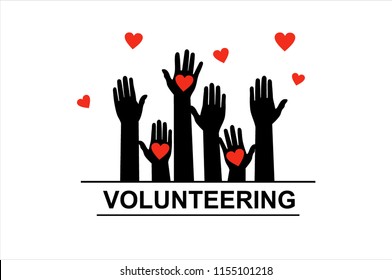 Hands with hearts. Raised hands volunteering vector concept