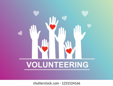 Hands with hearts. Raised hands volunteering vector concept