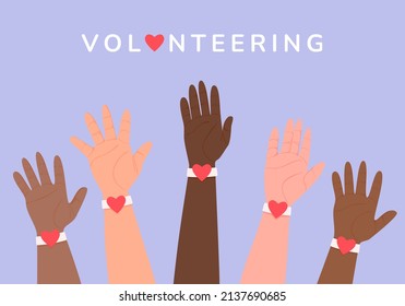 Manos con corazones. El concepto de vector de voluntariado en manos alzadas