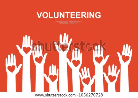 Hands with hearts. Raised hands volunteering vector concept