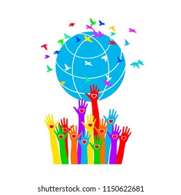 Hands with hearts support the globe surrounded by colorful birds. Symbol of peace. Vector illustration isolated on white background, template for design, greeting card, invitation.