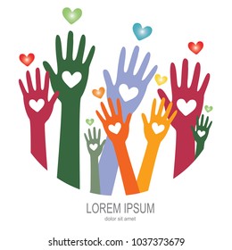 Hands with hearts up.Icon of kindness and charity.Vector illustration