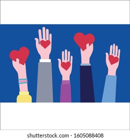 Hands with hearts. Valentine's day. Beautiful background, greeting card. Flat style vector illustration.