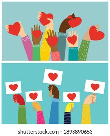 Hands with hearts. Vector illustration in the flat style