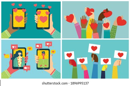 Hands with hearts. Vector illustration in the flat style