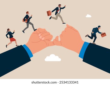 Las manos están sostenidas por los dedos meñiques. Equipo de negocios corriendo de mano en mano. Negocio, Acuerdo, contrato. Ilustración vectorial plana