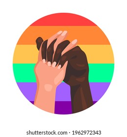 hands held together on a rainbow background. A represent ion of equality, lgbtq+ and homosexual community.	
