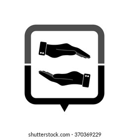 in the hands of the Help - black vector icon; map pointer;  message bubble