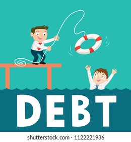Hands help businessman from drowning in debt, illustration vector cartoon