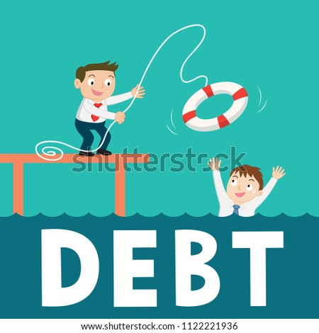 Hands help businessman from drowning in debt, illustration vector cartoon
