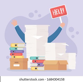 hands help placard paperwork stack binders folder boxes office work frustration stress vector illustration