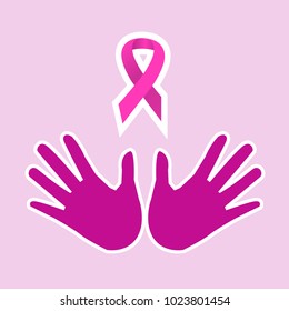 hands of help vector icon. pink ribbon symbol for breast cancer awareness Flat design
