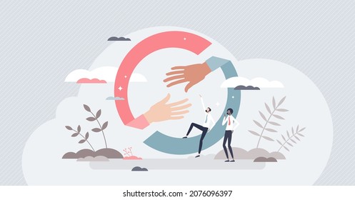 Hands helping or giving support with united collaboration tiny person concept. Reach business partner with strong solidarity and trustworthy vector illustration. Teamwork join and diversity power.