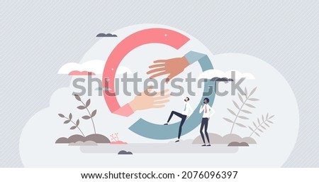 Hands helping or giving support with united collaboration tiny person concept. Reach business partner with strong solidarity and trustworthy vector illustration. Teamwork join and diversity power.