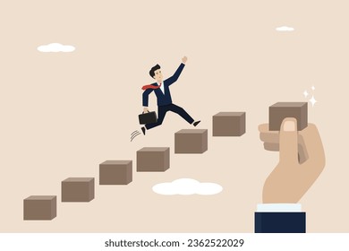 Hands helping to support career development, ladder of success concept, smart businessman walking with ambition on stairs with human hands helping to make the stairs go up. Businessman illustration.
