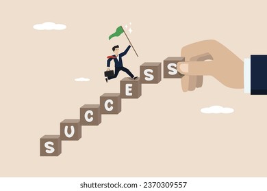 Hands helping to support career development, ladder of success concept, smart businessman walking with ambition on stairs with human hands helping to make the stairs go up. Businessman illustration.