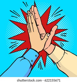 Hands high five pop art style hand drawn vector illustration. Comic book style imitation. Vintage retro style. Conceptual illustration