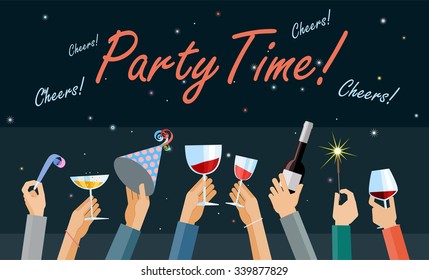 Hands high up holding glasses of wine and other party items

