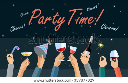 Hands high up holding glasses of wine and other party items