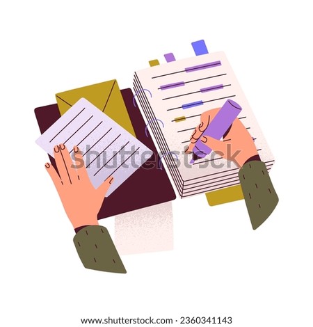 Hands with highlighter marker and papers. Person highlight information in notebook, study homework. Woman do mark in journal, write note. Flat isolated vector illustration on white background