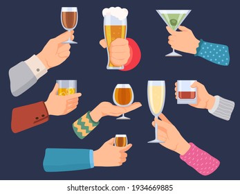 Hands hold alcoholic drinks. Man and woman with wine, beer, tequila, whiskey and champagne glasses. Cartoon bar cocktail in hand vector set