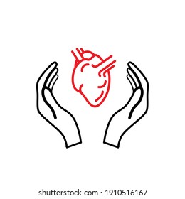 Hands Hold An Anatomical Heart, Healthcare Concept Outline Icon Isolated On White Background