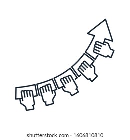 Hände halten Pfeil nach oben. Wirksame Zusammenarbeit. Lineares Vektorillustration-Symbol auf weißem Hintergrund.