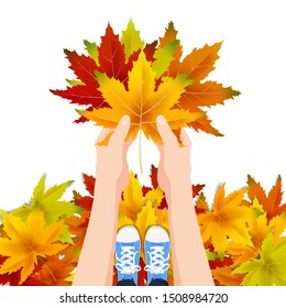 Hands hold autumn colorful leaves bright bouquet fall, floral. Hello Autumn lettering. Vector illustration isolated