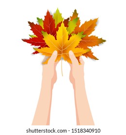 Hands hold autumn colorful leaves bright bouquet fall, floral. Hello Autumn lettering. Vector illustration isolated