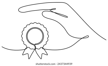Hands hold award badge continuous one line drawing. Vector illustration isolated on white background.