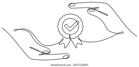 Hands hold award checkmark badge continuous line drawn. Approval linear check sign. Vector illustration isolated on white background.